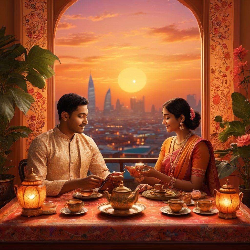 An intimate digital landscape showcasing a Bengali couple connecting through a modern device, surrounded by traditional Bengali motifs like paisley and lotus flowers. The backdrop features a blend of warm sunset hues and vibrant city lights, symbolizing romance in the digital age. Include subtle elements of Bengali culture like a cozy tea set and festive decorations. super-realistic. vibrant colors. 3D.