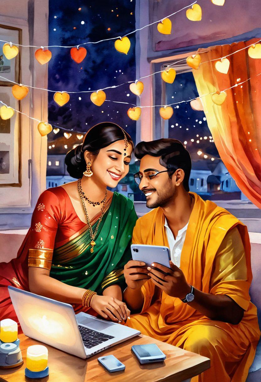 A romantic couple engaged in a video call, surrounded by soft glowing lights and digital heart emojis floating around them. The scene mixes traditional Bengali artifacts like a saree and a tabla with modern technology like smartphones and laptops, conveying a fusion of culture and digital intimacy. The warm colors create a cozy atmosphere that invites connection. watercolor painting. vibrant colors.