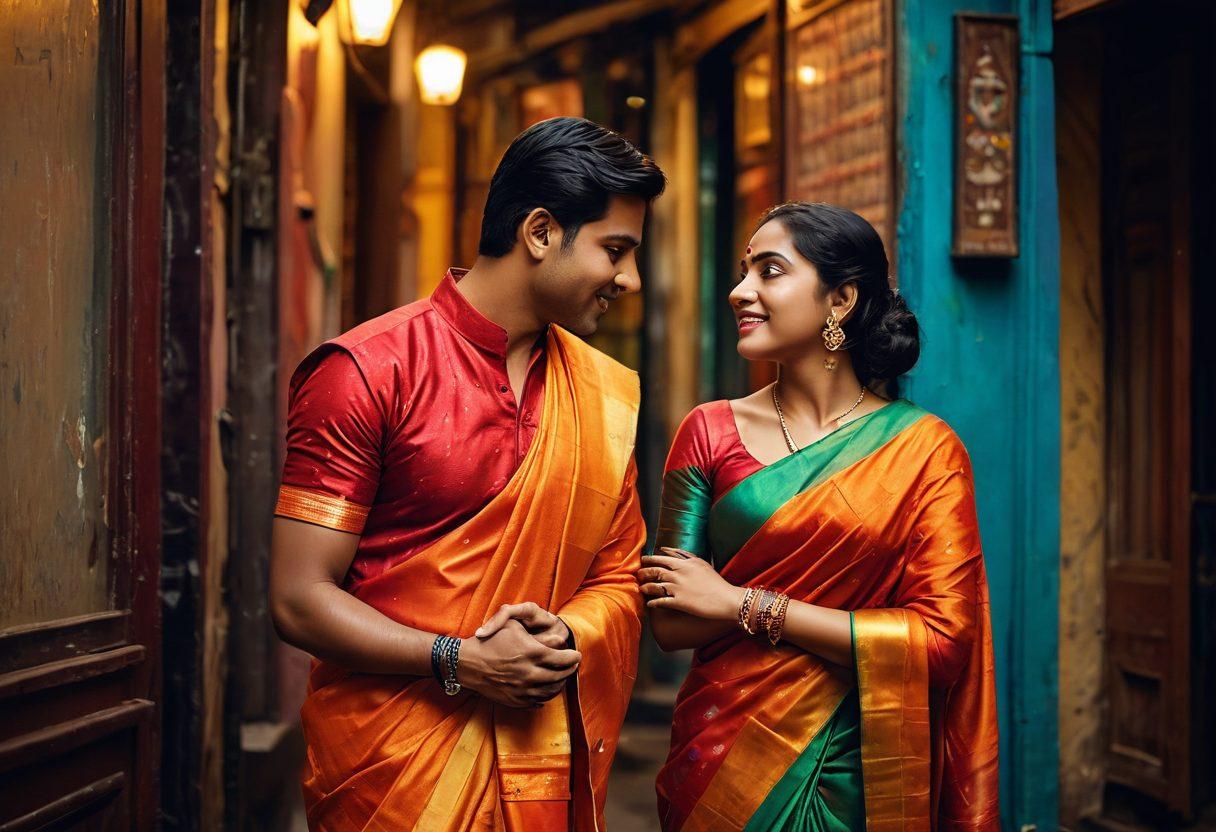 A modern Bengali couple sharing an intimate moment, surrounded by colorful traditional elements like sarees and fish motifs. Their expressions convey love and connection, with a backdrop of a bustling Kolkata street, infused with romance. Capture the essence of flirtation evolving into commitment through their body language. vibrant colors. super-realistic. warm lighting.